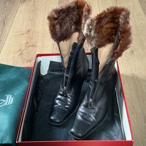 Salmaso, Italian Black Nappa Leather Heeled Boots with Fur Trim
